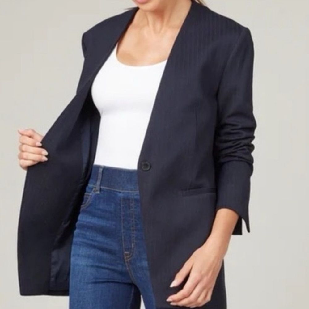 SPANX Navy Pinstripe Long Blazer